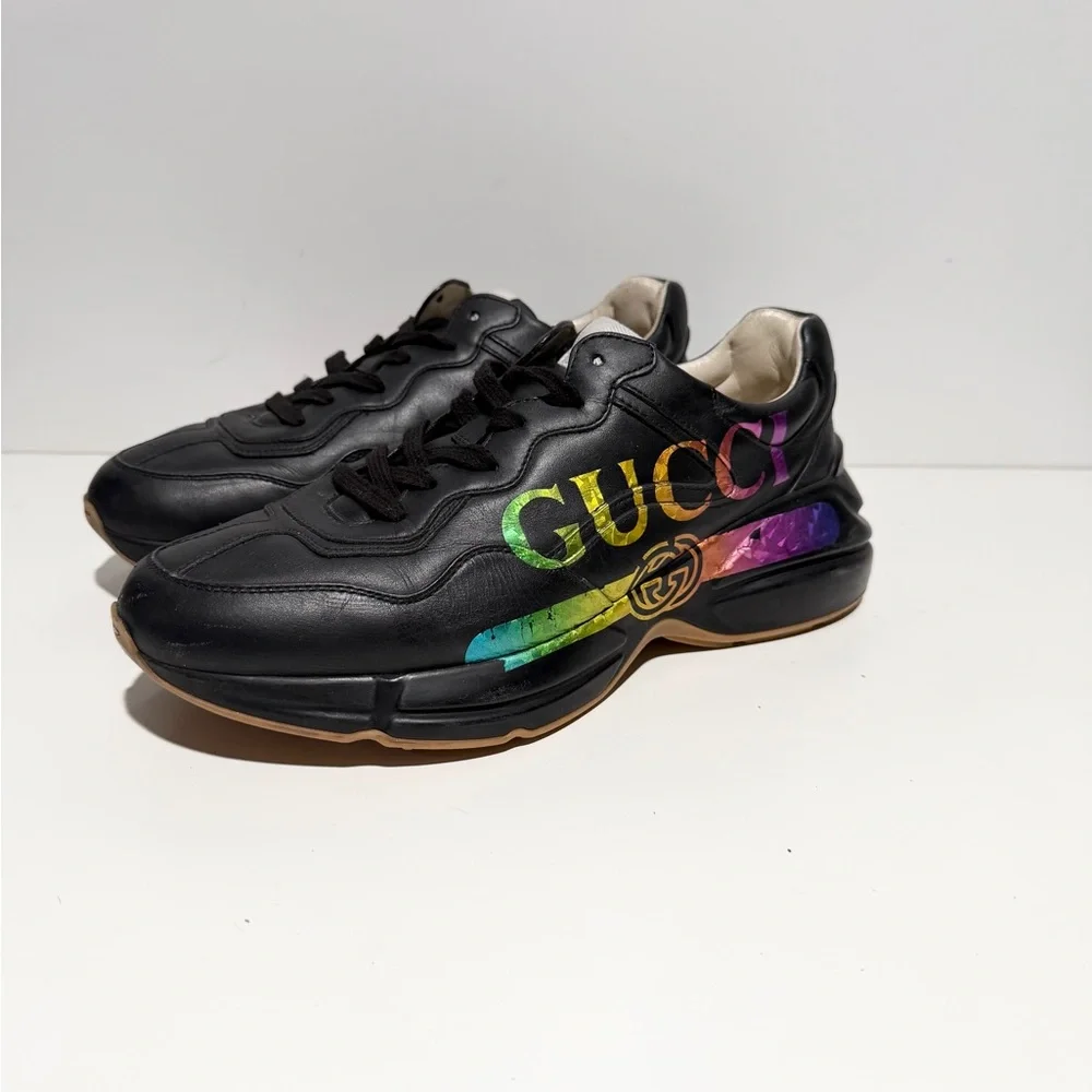 Gucci Black Sneakers with‎ Rainbow Logo Men's Rhyton Iridescent Logo